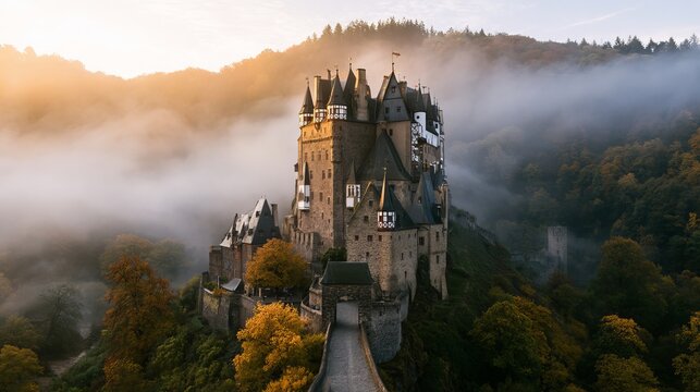 Castle Eltz, a medieval landmark, stands in Germany's Rhineland-Palatinate during autumn's sunrise, surrounded by trees.