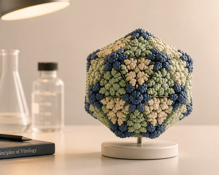 Geometric virus capsid model on minimal laboratory bench, scientific yet warm and accessible concept.