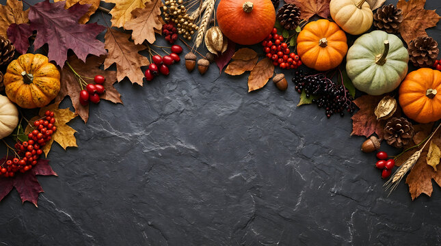 A beautifully arranged thanksgiving and autumn flat lay featuring pumpkins vibrant fall leaves berries and rustic elements perfect for seasonal designs
