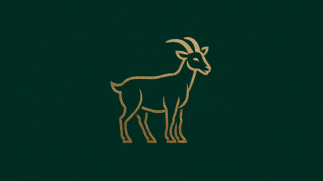 Goat stands still, embroidered in gold on dark green fabric. Its horns curve upward, and its posture is calm and poised. Ideal for vintage, rustic, or nature-themed designs. Works well for logos