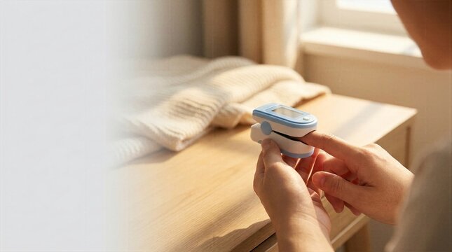 Patient using portable fingertip pulse oximeter to measure blood oxygen saturation in cozy sunlit home bedroom