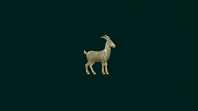 Goat stands still, embroidered in gold on dark green fabric. Its horns curve upward, and its posture is calm and poised. Ideal for vintage, rustic, or nature-themed designs. Works well for logos