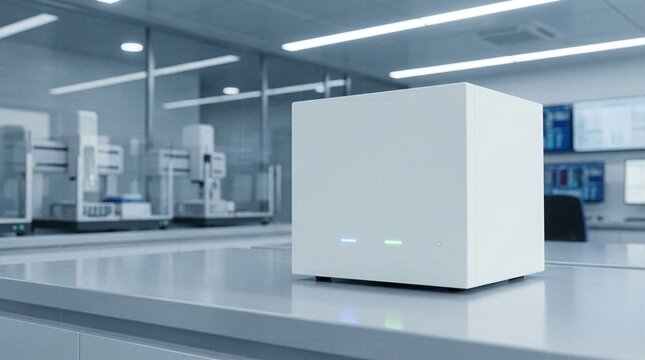 Minimalist white scientific diagnostic device resting on clean laboratory counter with copy space
