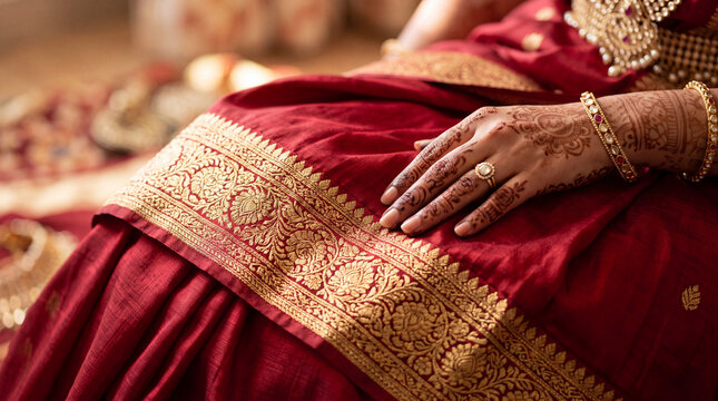 Close-up of traditional Indian silk wedding saree with intricate gold zari border