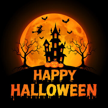 Happy halloween greeting card design with a spooky haunted house silhouette and a large glowing orange full moon