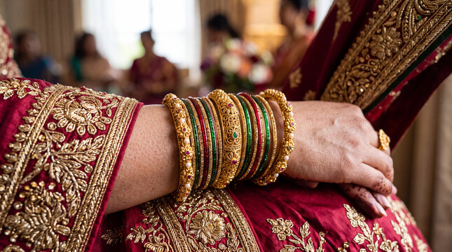 Close-up of traditional gold and glass bangles worn by Indian bride