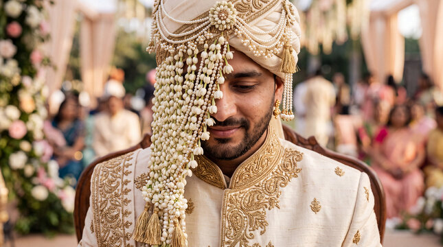 Close-up of North Indian groom wearing traditional floral sehra and embroidered sherwani