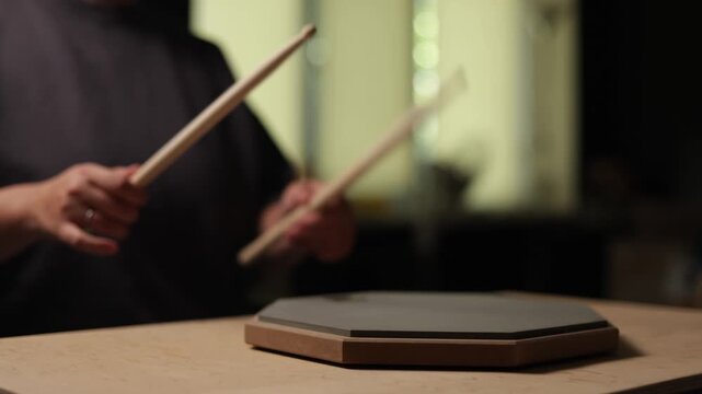 Close-up of hands practicing drum rudiments on a practice pad