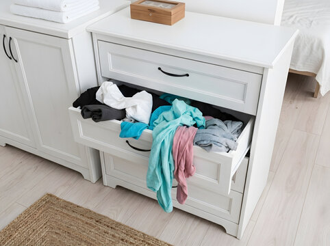 Open White Dresser Drawer Full of Messy Messy Clothes | Overfilled Messy Drawer with Colorful Clothes Hanging Out Close Up | Unorganized Clothes Overflowing from White Wooden Dresser Drawer 