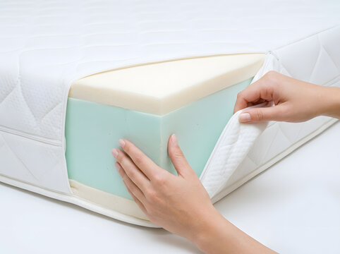 Unzipping Removable Zippered Cover of Memory Foam Mattress | Showing Multi Layer Memory Foam Structure inside Mattress Cover | Hands Opening Zippered Mattress Cover to Reveal Foam Core Layers
