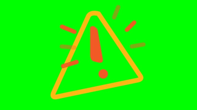 Caution sign presents a bright yellow triangular perimeter housing an orange exclamation point against a solid chroma green field.