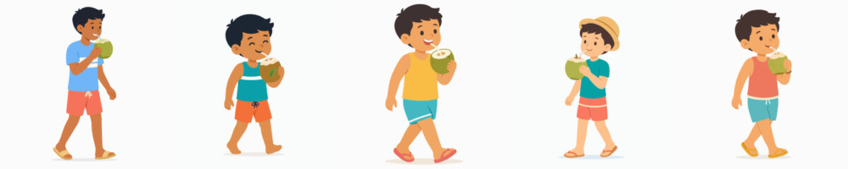 Flat vector illustration of a little boy standing on a beach drinking a young coconut during summer