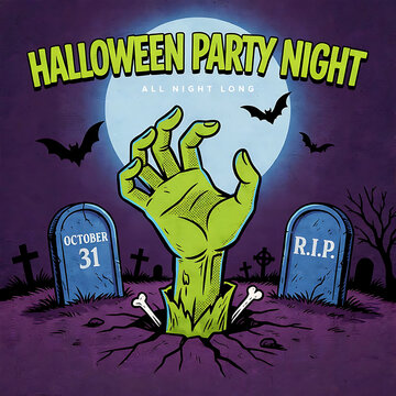 Halloween party night poster design with a green zombie hand rising from a grave under a full moon