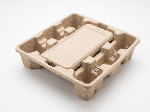 Eco friendly molded pulp tray insert for safe product packaging.
