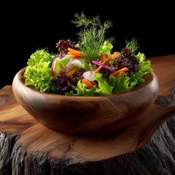 A vibrant, fresh garden salad containing mixed lettuce leaves, sliced radishes, shredded carrots, and fresh dill, served in a rustic wooden bowl on a textured wooden surface against a black background