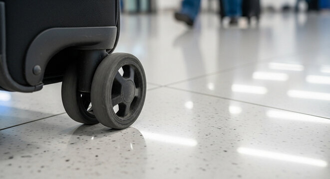 Rolling suitcase wheels on polished airport floor