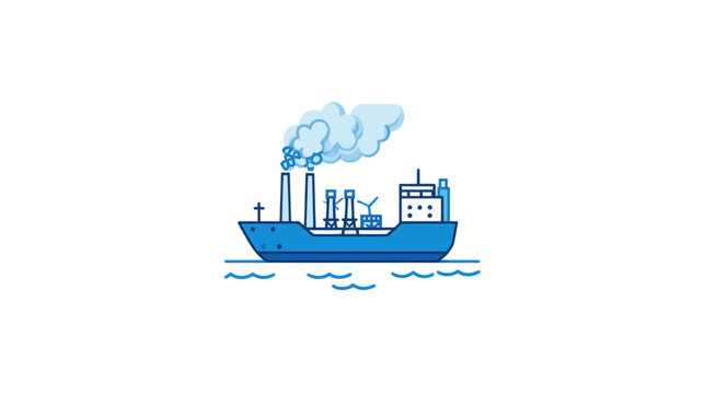 Blue Industrial Ship Emitting Smoke Over Water