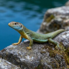 Fototapeta premium A vibrant green lizard with a blue throat resting on a mossy rock against a backdrop of blurred blue water.