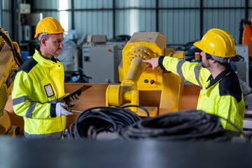 Fototapeta premium Two technicians in yellow hard hats and safety vests inspect large robotic arm joint in industrial workshop with visible cables and tools