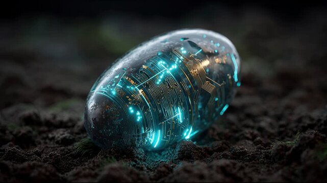 Futuristic glowing cyber seed in dark soil, agricultural technology and bioengineering concept, digital farming