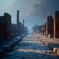 Naklejka premium A view along an ancient cobblestone street lined with weathered brick ruins and stone pillars, leading toward a distant snow-capped mountain under a dramatic, hazy sky.