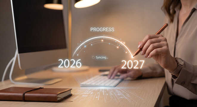 Business Transition from 2026 to 2027 with Digital Advancement Loading Bar for Annual Planning Strategic Roadmap Enterprise Transformation Objective Monitoring Productivity Enhancement and Corporate
