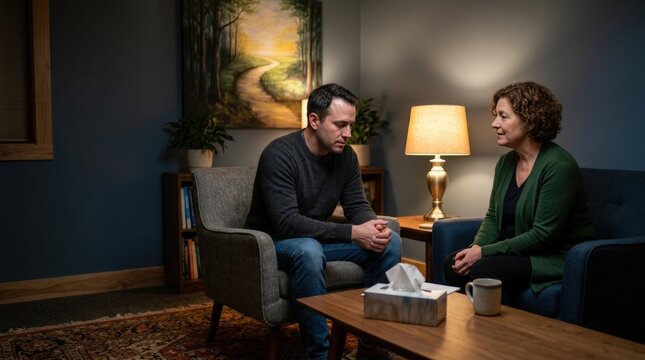 Therapist listening to adult client in calm dimly lit counseling office