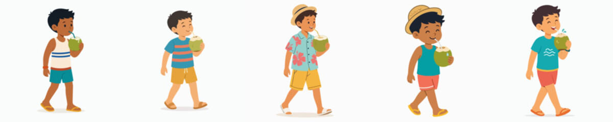 Flat vector illustration of a little boy standing on a beach drinking a young coconut during summer