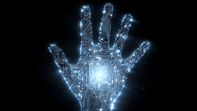 Futuristic Glowing Blue Circuit Board Human Hand Concept on Black Background