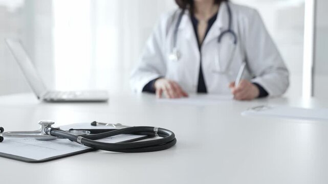 Stethoscope on clipboard, doctor working in office, preparing for patient examination, medical healthcare appointment. Medicine, healthcare and science concept