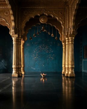 A glowing diya lamp sits on the floor inside a dark ornate hall with golden pillars and blue walls