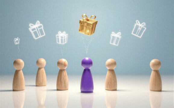 Purple figure stands out, surrounded by gifts floating above wooden peers.