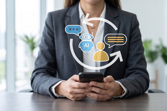 Response loop between AI chatbot and people user, via business professional using smartphone to automation, messaging, and virtual interaction for customer service and business expansion