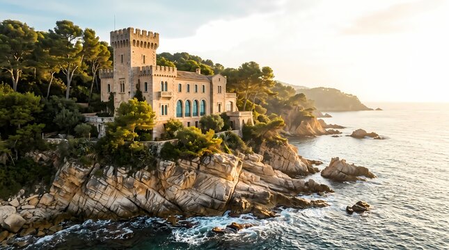 Coastal Villa by Sea. Historic Mediterranean Cliffside. Scenic Oceanfront Architecture. Luxury Travel Photography