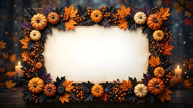 A stunning autumnal thanksgiving backdrop featuring pumpkins vibrant fall leaves and warm candlelight creating a rustic and inviting seasonal atmosphere for celebrations