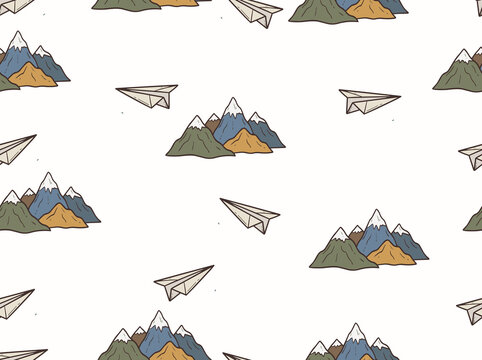 Flying Paper Airplane and Mountain Travel Background for Adventure, Tourism and Vacation Design