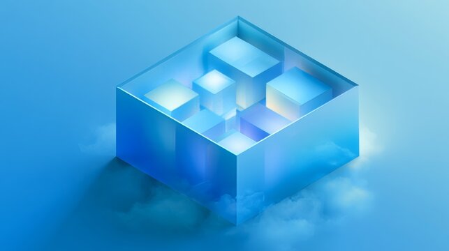 Blue geometric shapes inside a box with a soft cloudy background showing light effects