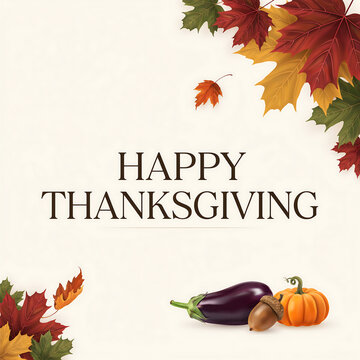 Happy thanksgiving greeting card design with colorful autumn leaves and seasonal vegetables on a light textured background