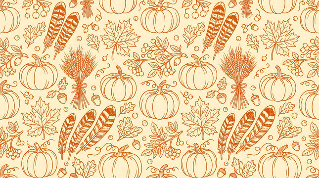 A charming and delightful seamless pattern featuring pumpkins wheat and feathers perfect for thanksgiving celebrations and autumn themed design projects