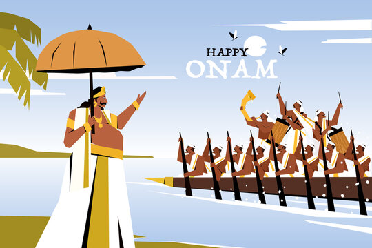 Traditional Onam festival celebration in Kerala with King Mahabali welcoming a snake boat race team, colorful flat illustration