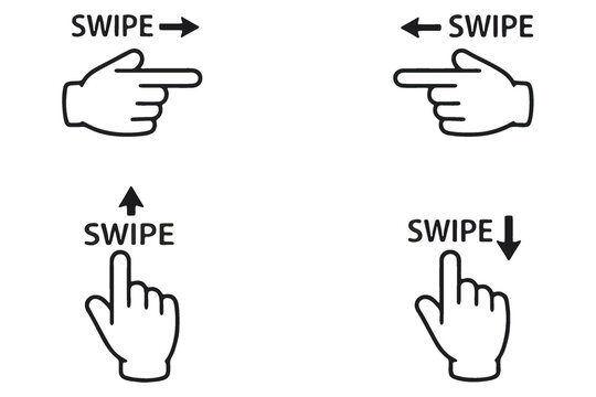 Set of hand gesture swipe icons with directional arrows for right, left, up, and down navigation on mobile or web interfaces