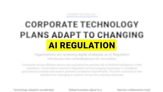 AI regulation fast flashing fictional online news headlines match cut. Artificial intelligence law and tech policy articles yellow highlighted. Business compliance and technology governance media.