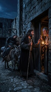 Sacred couple quest: pregnant Mary, donkey travel, innkeeper rejection, night shelter, Jesus Christ, savior birth, husband Joseph, oil lamp, weary pilgrim, stone street.
