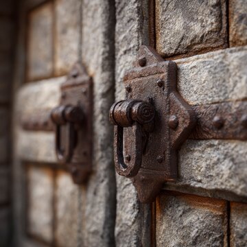 Close-up of two heavy, weathered stone doors featuring rustic, aged iron ring knockers mounted on ornate metal plates, showing texture and detail.