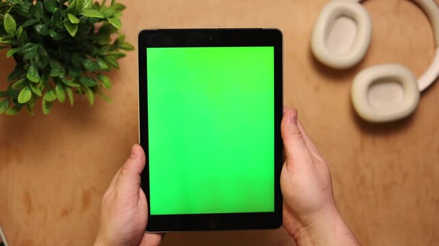 Person holding a tablet with a green screen next to headphones and a plant