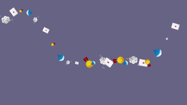 Floating 3D Casino Elements and Gold Medals Moving on Purple Background
