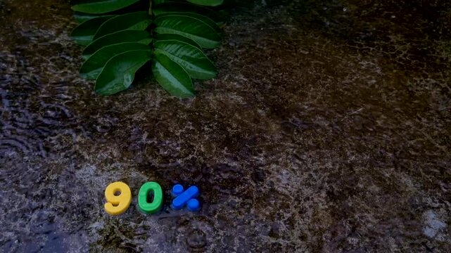 Colorful ninety percent sign toys placed on wet ground near green plant foliage number rainy