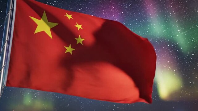 Chinese National Flag Waving Over a Starry Night Sky and Aurora