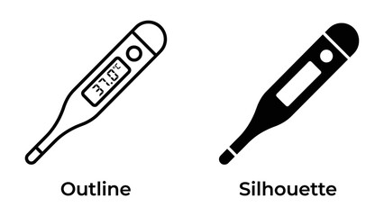Thermometer Icons: A set of two digital thermometer icons, one in outline and the other as a silhouette, both displaying a normal body temperature reading.