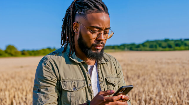 A man with dreadlocks and a beard wearing glasses looking at his cell phone in a field